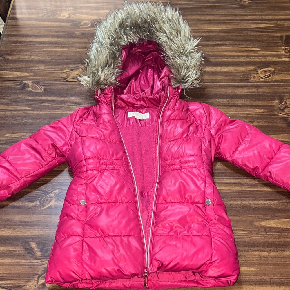 MICHAEL Michael Kors Bright Pink Hooded Puffer with Faux Fur Trim size 6x